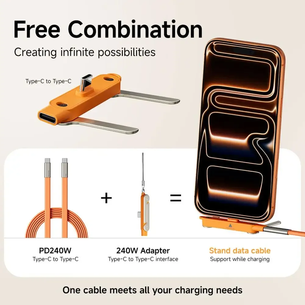 Câble USB-C vers USB-C 240W en silicone liquide avec support de téléphone pliable en métal slide 2