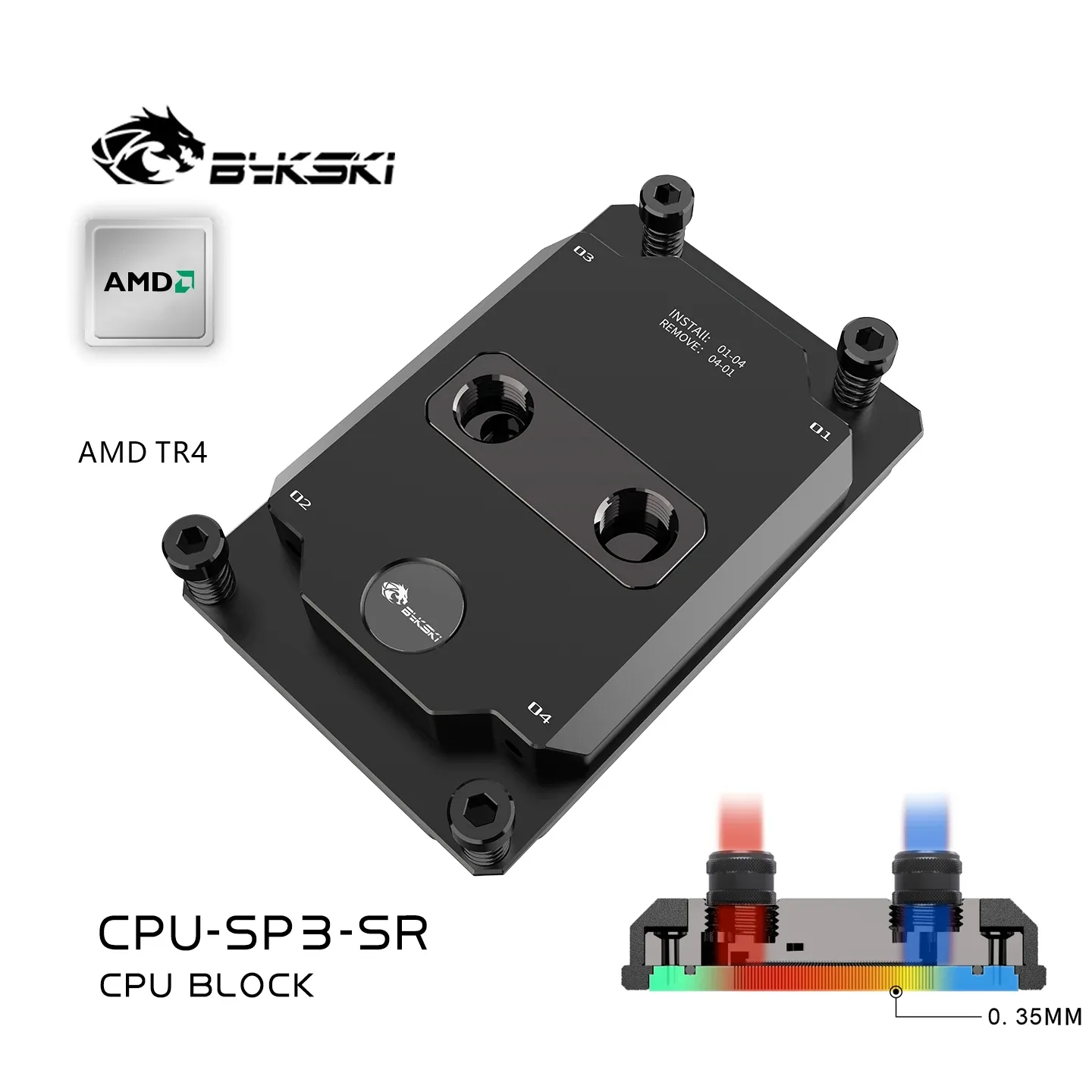 Bykski Waterblock CPU pour Processeur AMD TR4, Laiton et Cuivre, G1/4 - CPU-SP3-SR
