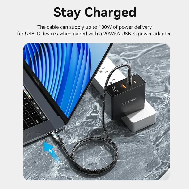 Câble USB-C vers USB-C Vention 100W avec Indicateur LED - Charge Rapide - Image 3