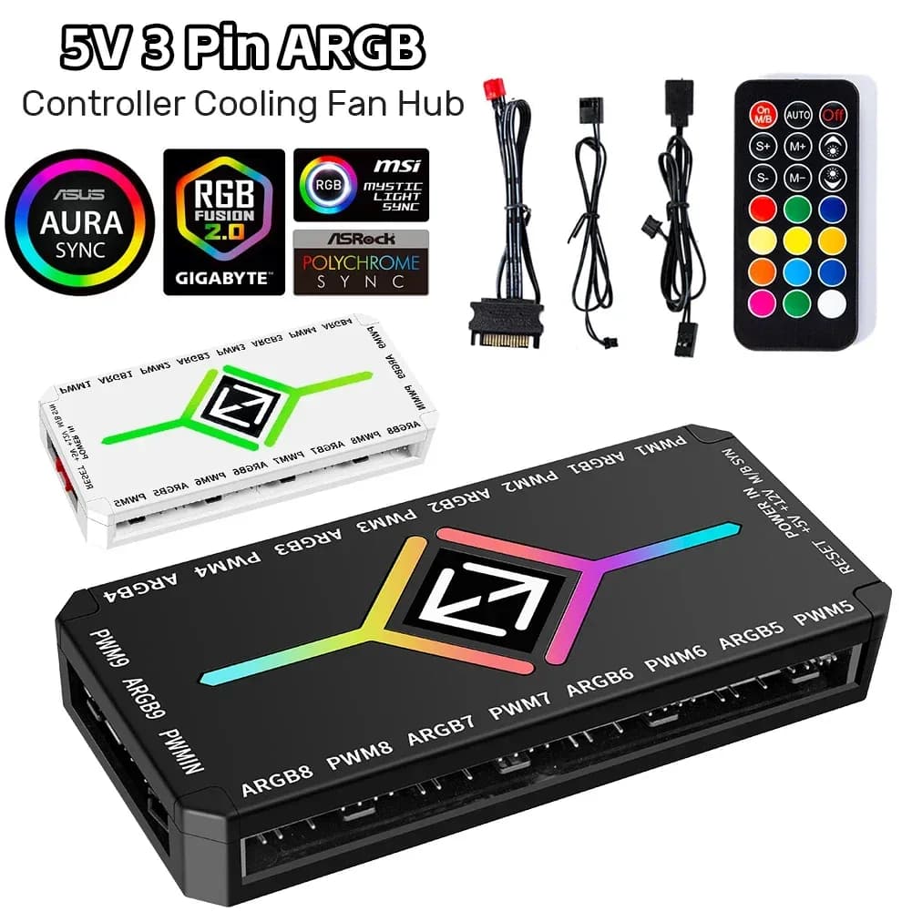 Hub de ventilateurs PC, Contrôleur ARGB 5V 3 broches et PWM avec télécommande sans fil - Image 1