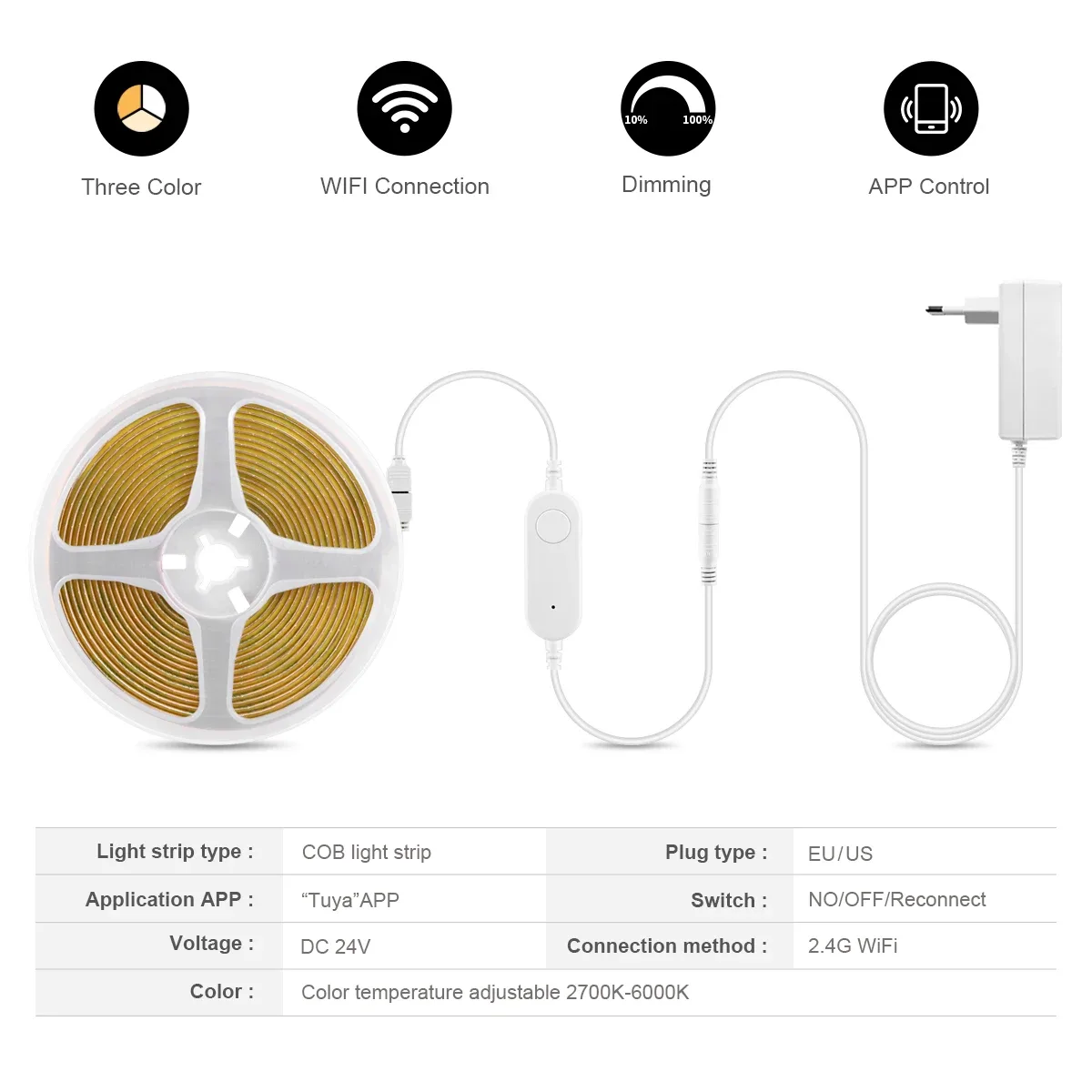 Ruban LED COB CCT Connecté WiFi Tuya 24V - Intensité Variable (3m/5m) - Image 2