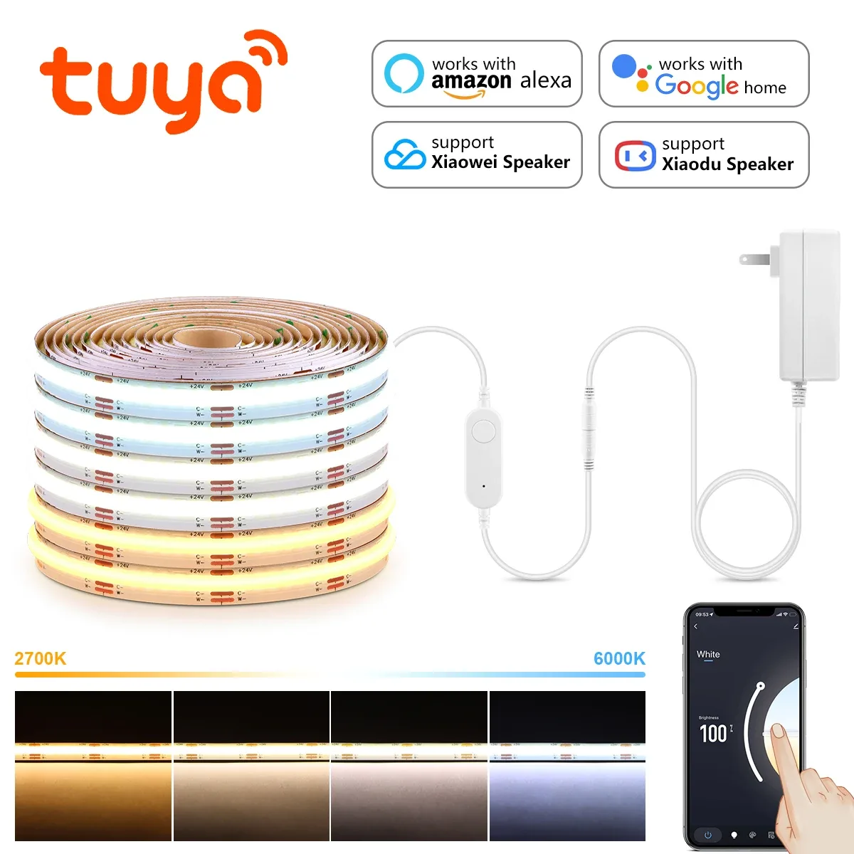 Ruban LED COB CCT Connecté WiFi Tuya 24V - Intensité Variable (3m/5m) slide 8