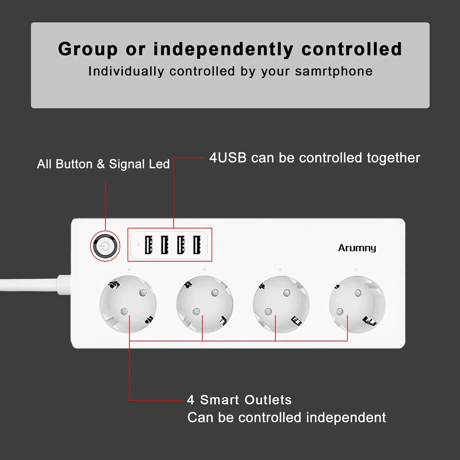 Multiprise connectée Zigbee Arumny - 1,8 m - 16A - Compatible Alexa et Google Assistant slide 4