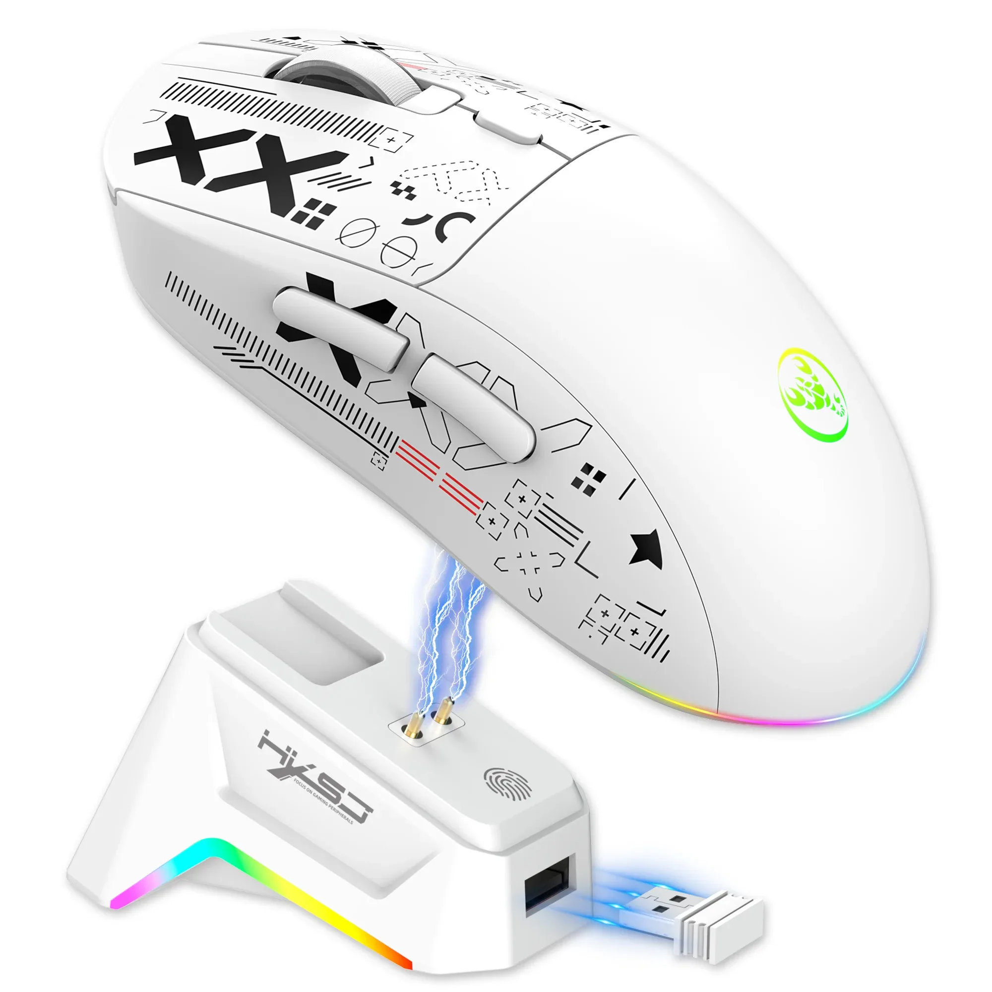 Souris Gamer Sans Fil HXSJ T90 Pro - Tri-mode avec Station de Charge et Éclairage RGB