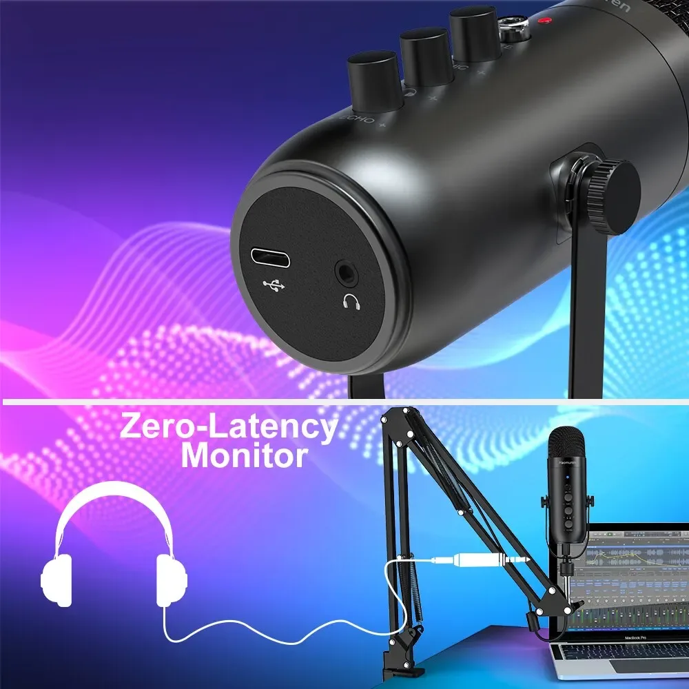 Kit microphone professionnel USB à condensateur cardioïde Haomuren avec bras articulé pour studio et podcast slide 2
