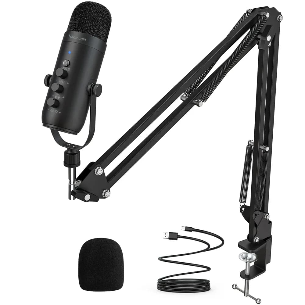 Kit microphone professionnel USB à condensateur cardioïde Haomuren avec bras articulé pour studio et podcast