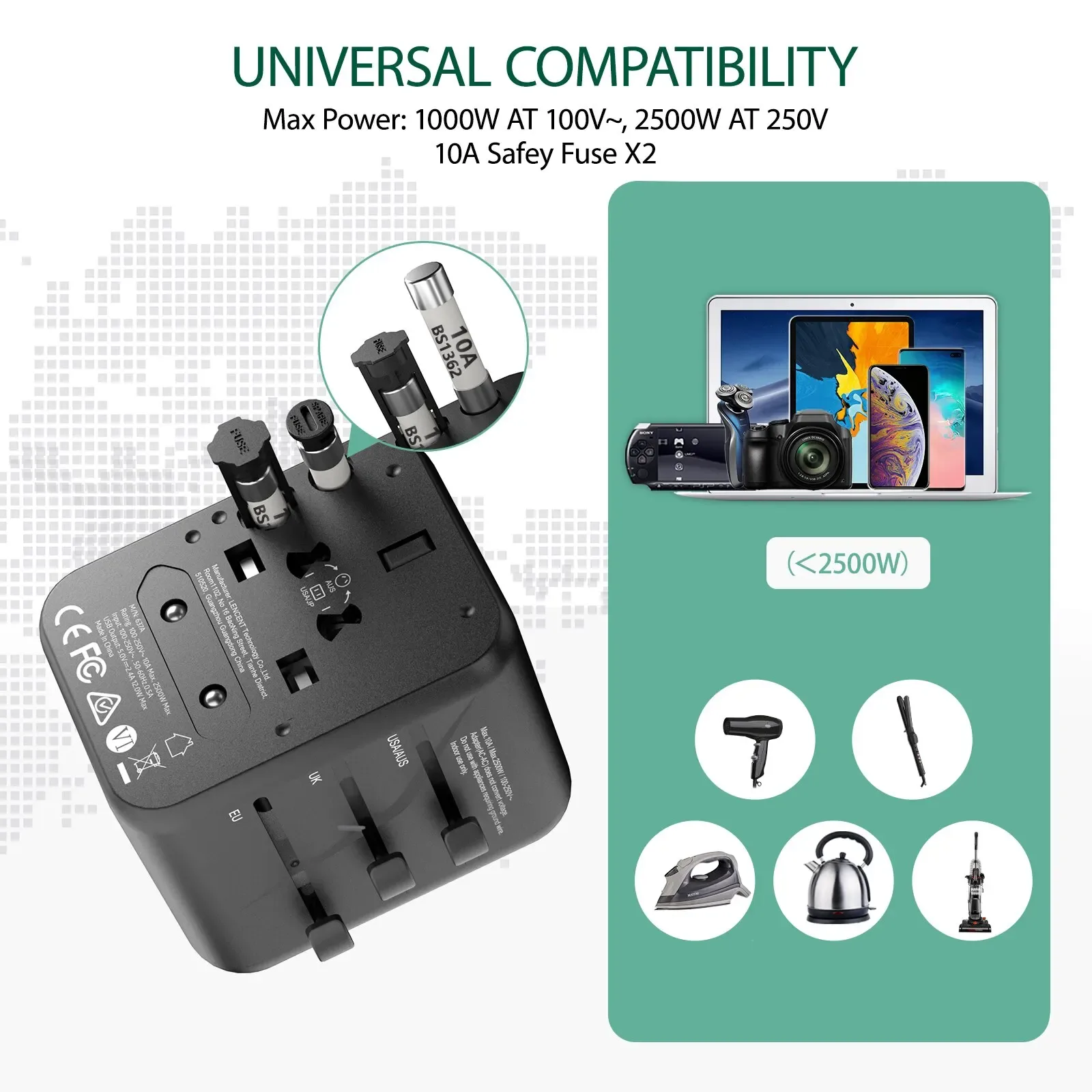 LENCENT Adaptateur de Voyage Universel avec 2 Ports USB - Prises EU, UK, USA, AUS slide 5