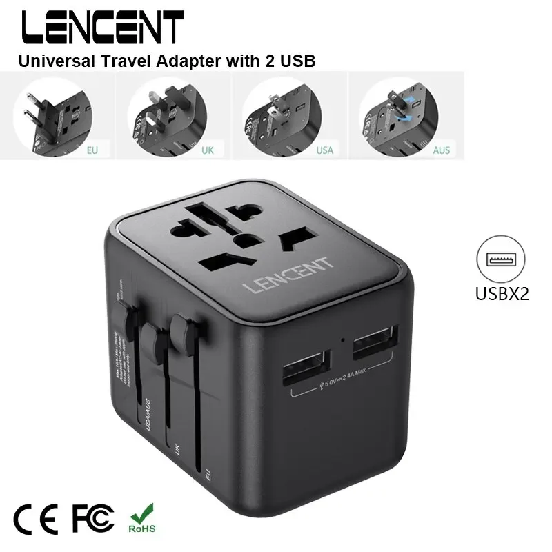 LENCENT Adaptateur de Voyage Universel avec 2 Ports USB - Prises EU, UK, USA, AUS