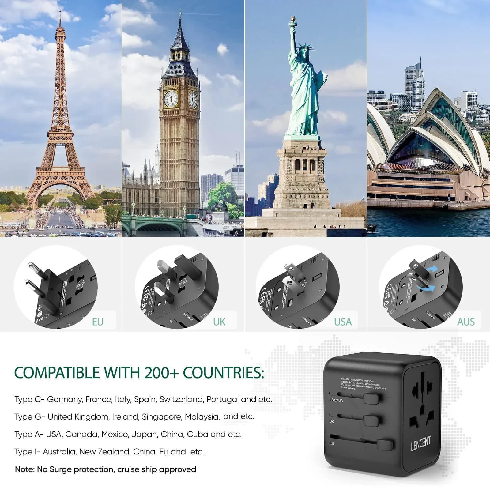 LENCENT Adaptateur de Voyage Universel avec 2 Ports USB - Prises EU, UK, USA, AUS slide 3
