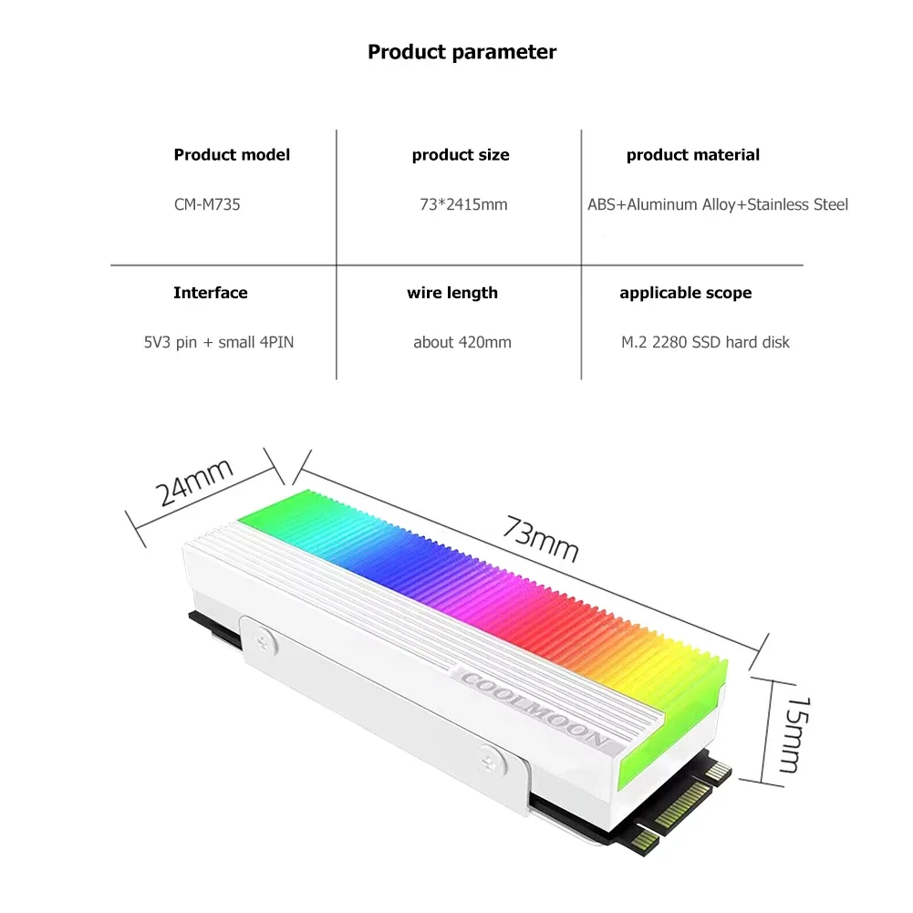 Dissipateur thermique pour SSD M.2 2280 ARGB 5V 3 broches avec pad thermique - Image 5