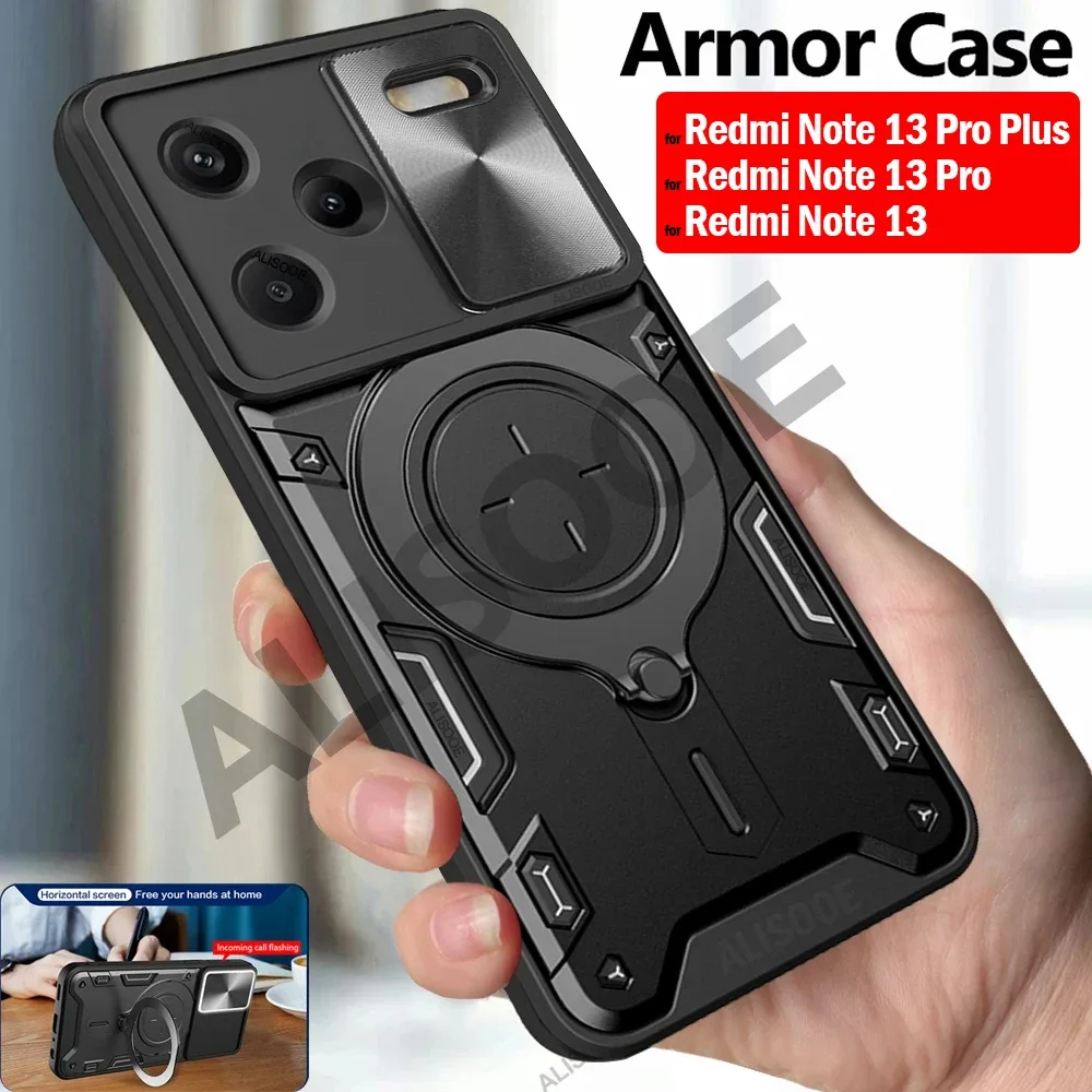 Coque de Protection avec Cache Caméra Coulissant et Anneau Support pour Xiaomi Redmi Note 13 / 13 Pro / 13 Pro Plus 5G