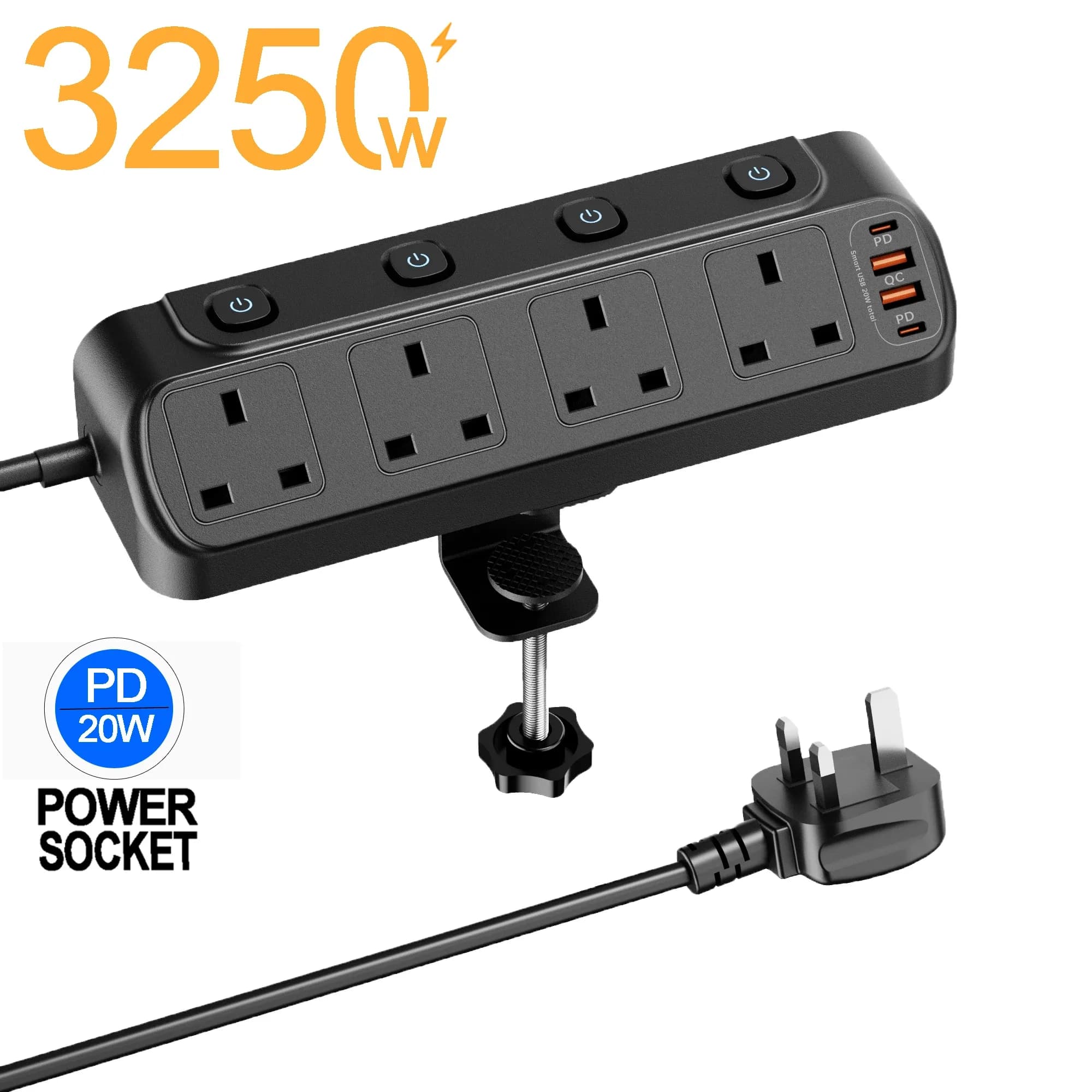 Multiprise Triangulaire 3250W (Prise UK) - 4 Prises avec Interrupteurs Individuels, 2 Ports USB-A et 2 Ports USB-C - Image 1
