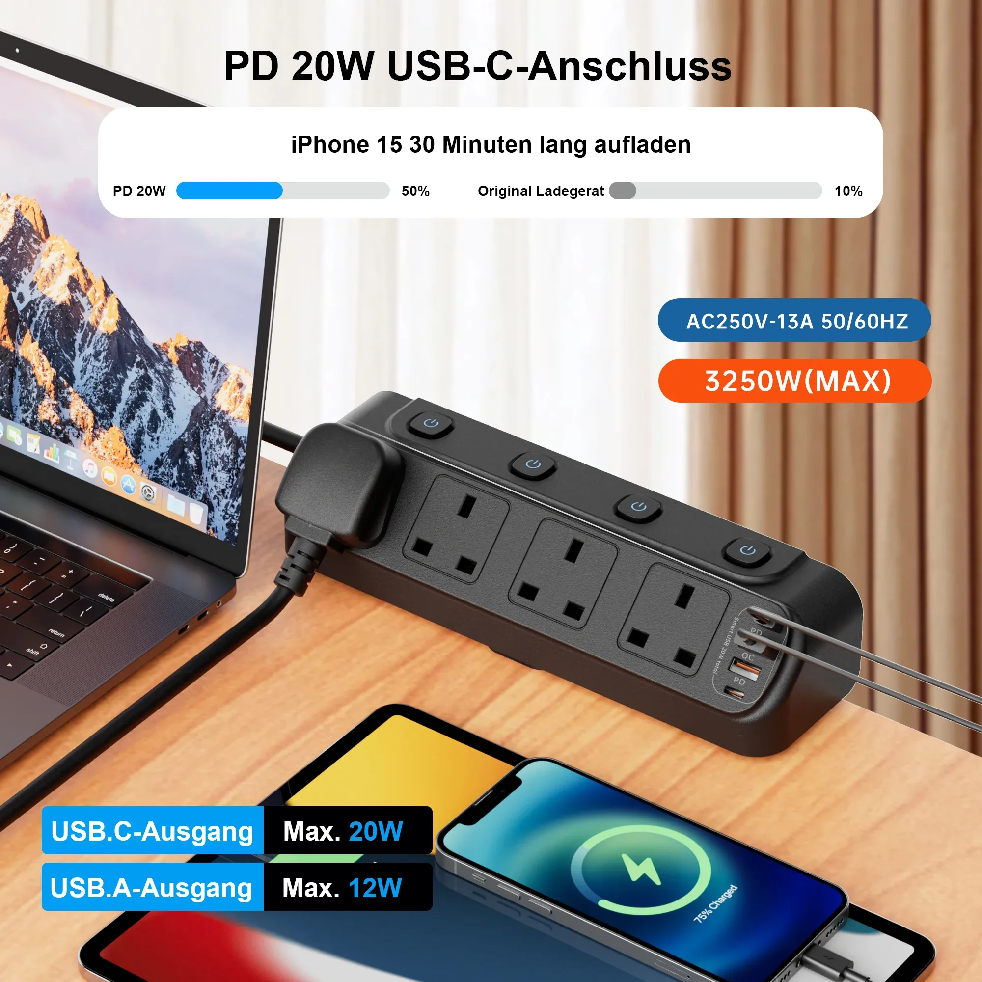 Multiprise Triangulaire 3250W (Prise UK) - 4 Prises avec Interrupteurs Individuels, 2 Ports USB-A et 2 Ports USB-C - Image 2