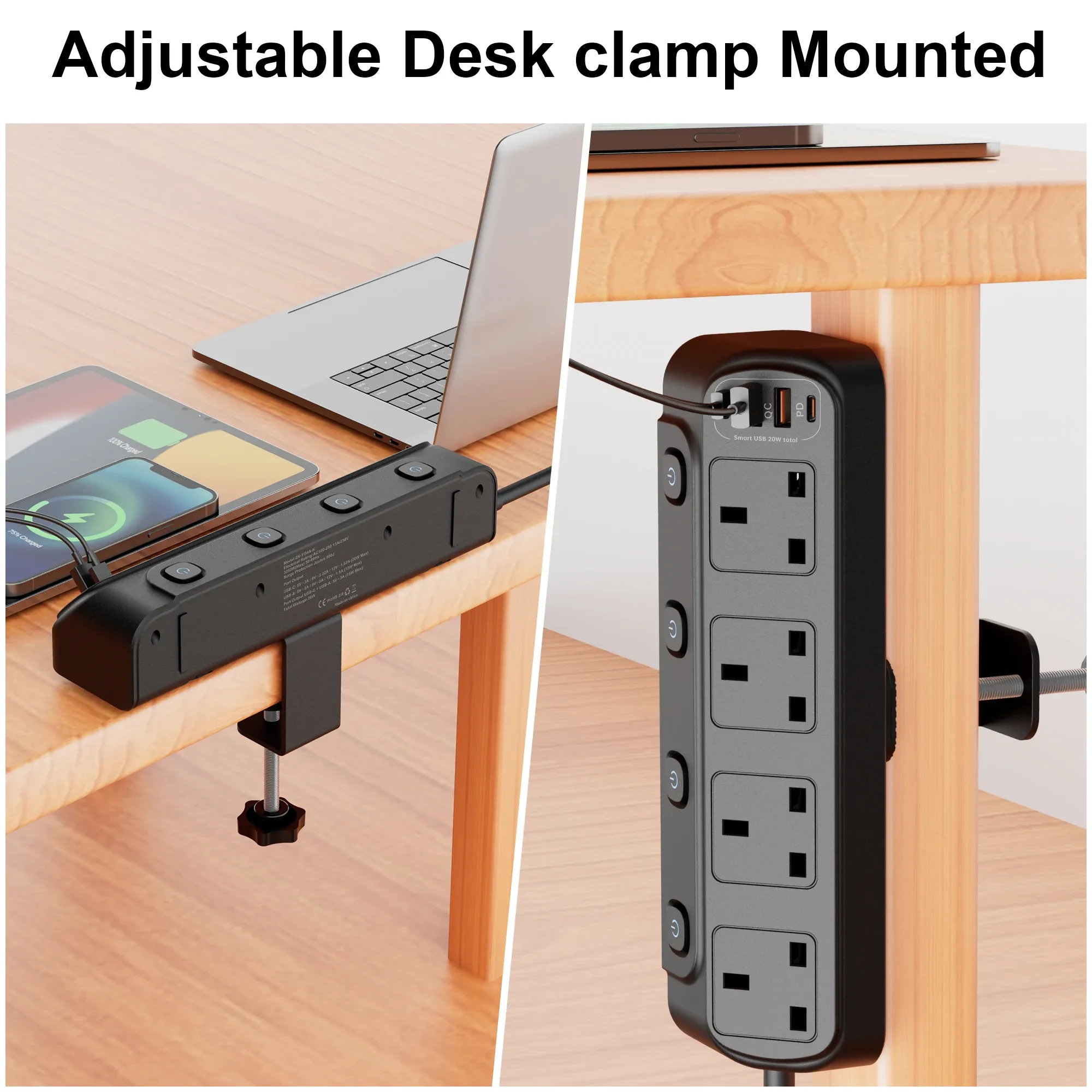 Multiprise Triangulaire 3250W (Prise UK) - 4 Prises avec Interrupteurs Individuels, 2 Ports USB-A et 2 Ports USB-C - Image 5