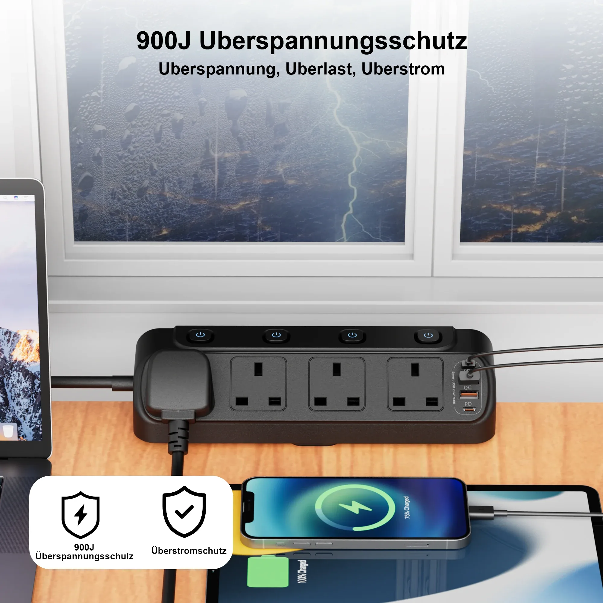 Multiprise Triangulaire 3250W (Prise UK) - 4 Prises avec Interrupteurs Individuels, 2 Ports USB-A et 2 Ports USB-C - Image 4