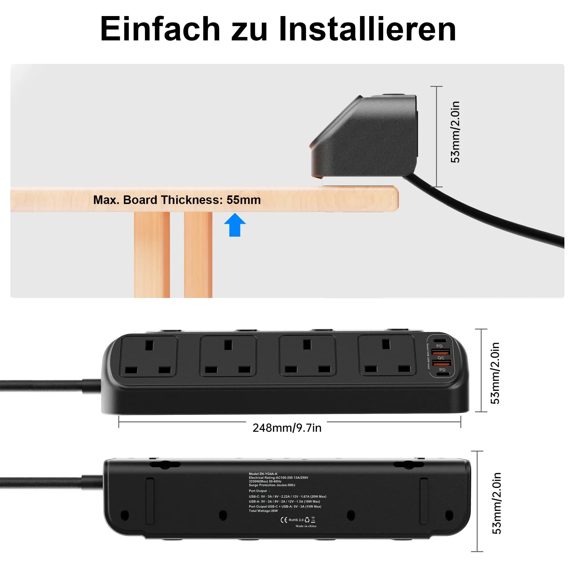 Multiprise Triangulaire 3250W (Prise UK) - 4 Prises avec Interrupteurs Individuels, 2 Ports USB-A et 2 Ports USB-C - Image 6