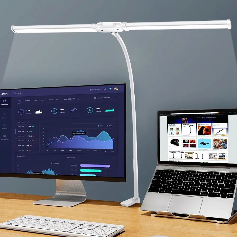 Lampe de bureau LED à double tête avec pince, bras articulé et intensité réglable