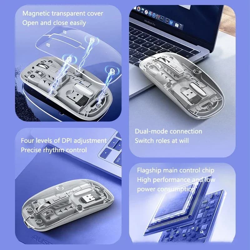 Souris sans fil transparente rechargeable, Bluetooth et 2,4 GHz, silencieuse - Image 4