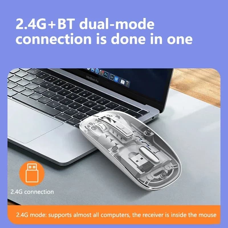 Souris sans fil transparente rechargeable, Bluetooth et 2,4 GHz, silencieuse - Image 2