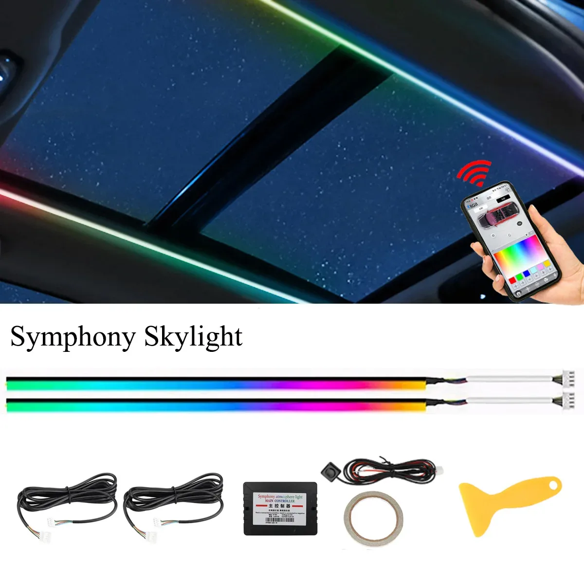 Éclairage d'ambiance LED pour toit ouvrant et panoramique (110 cm) - 256 couleurs avec contrôle par application - Image 1