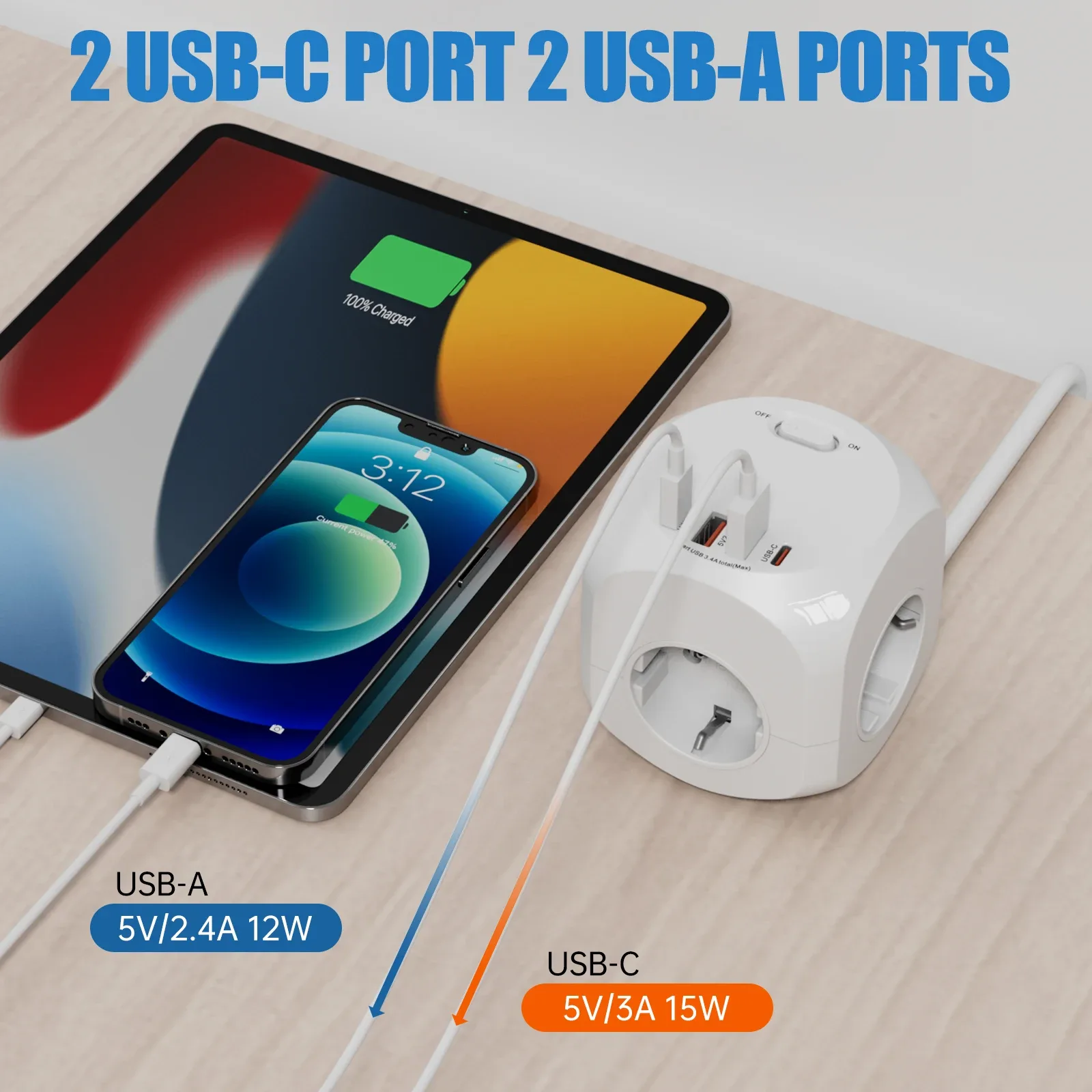 Multiprise avec rallonge de 1,8 m, prises secteur et ports USB-C slide 3