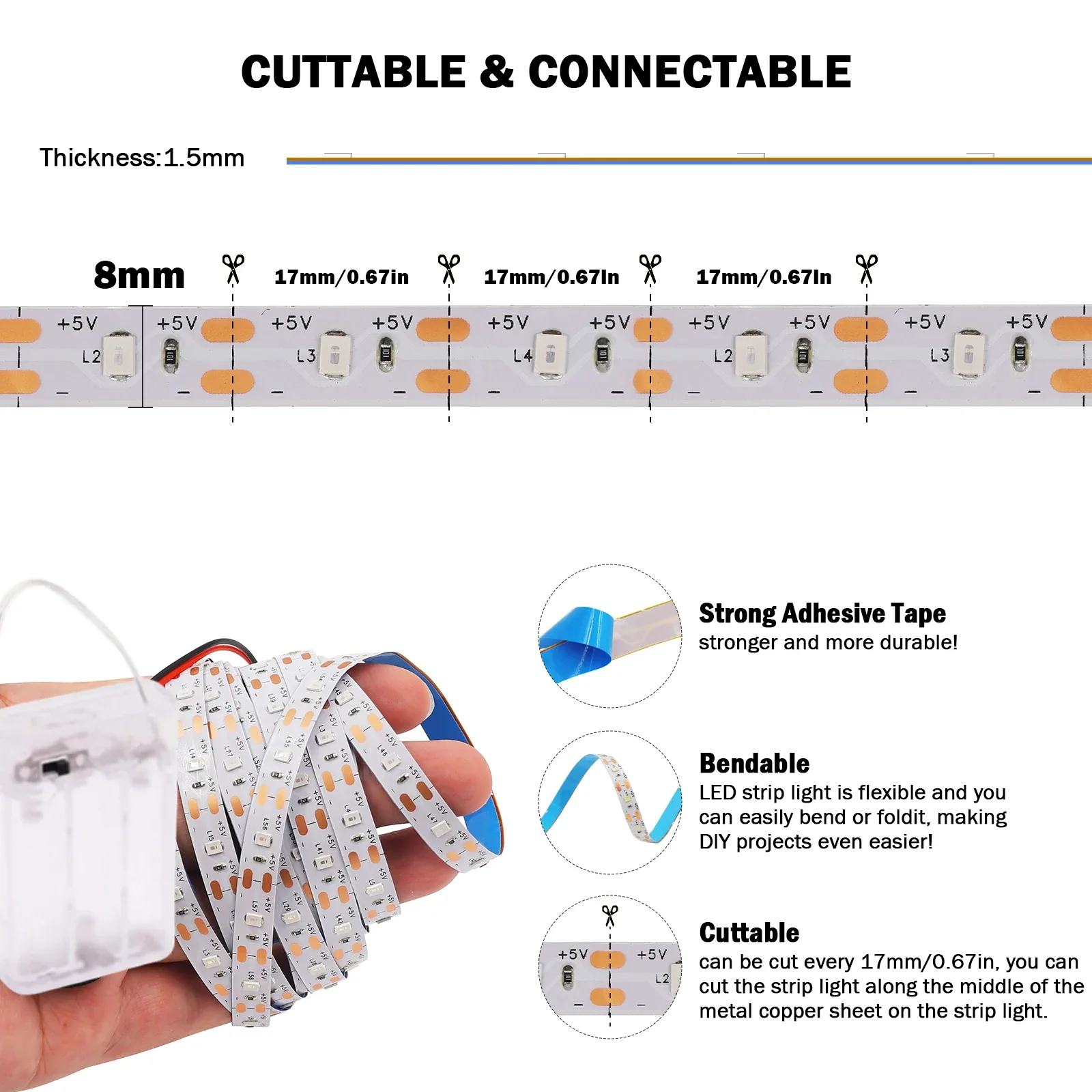 Ruban LED à Piles 3AA, SMD 2835, 60 LED/m, IP21/IP65, 1m à 5m - Image 5