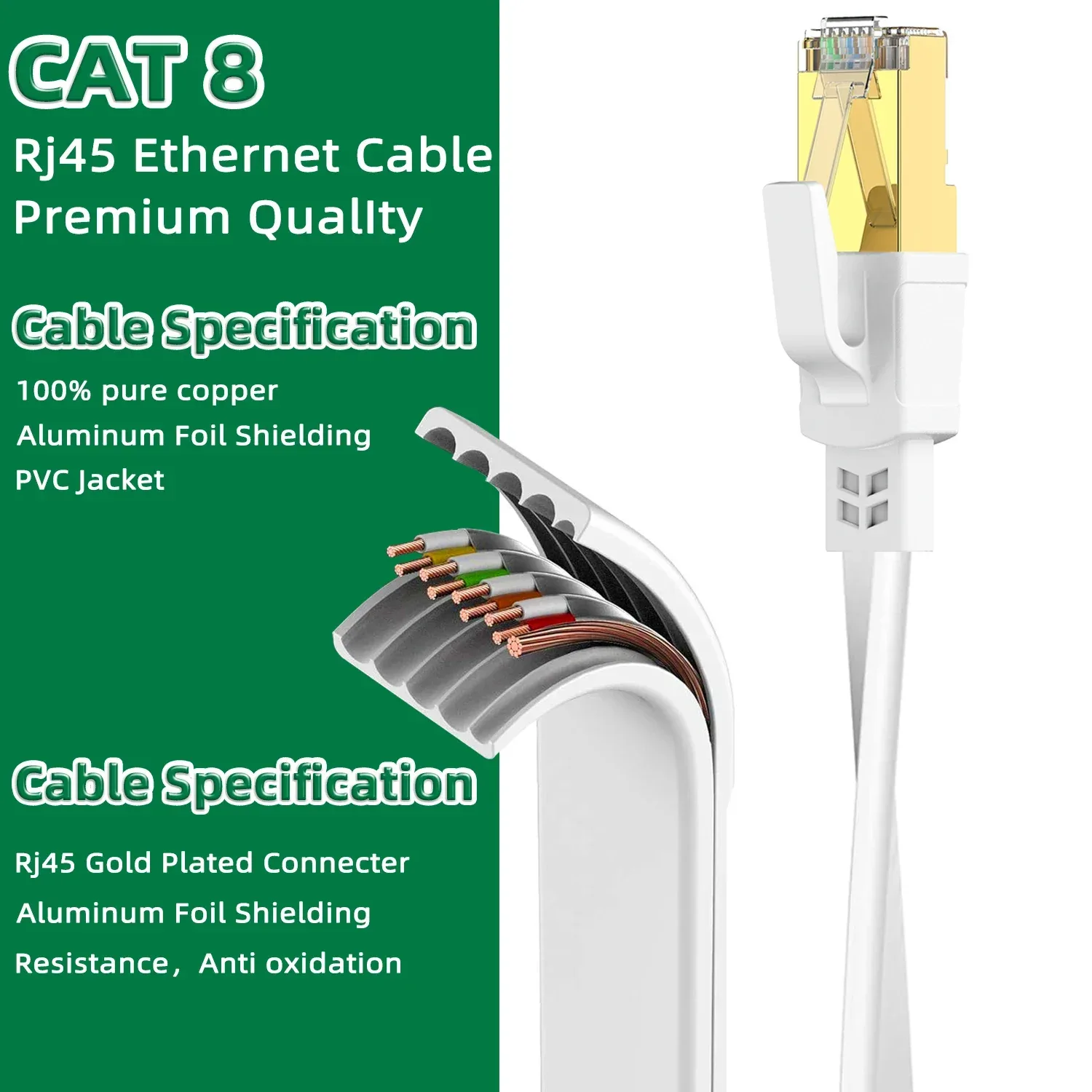 Câble Ethernet Cat8 Plat Haute Vitesse 40 Gbps - RJ45, Blanc - Image 3