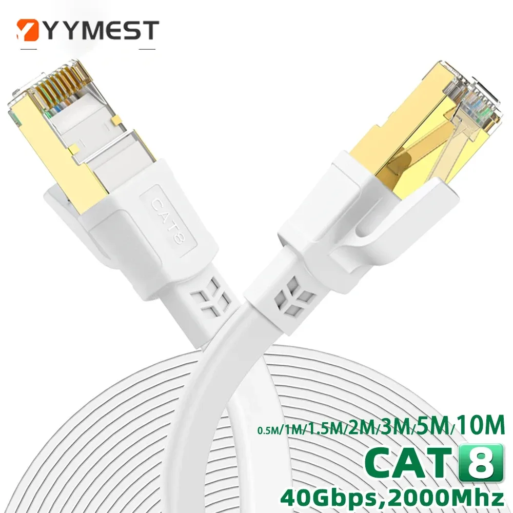 Câble Ethernet Cat8 Plat Haute Vitesse 40 Gbps - RJ45, Blanc - Image 1
