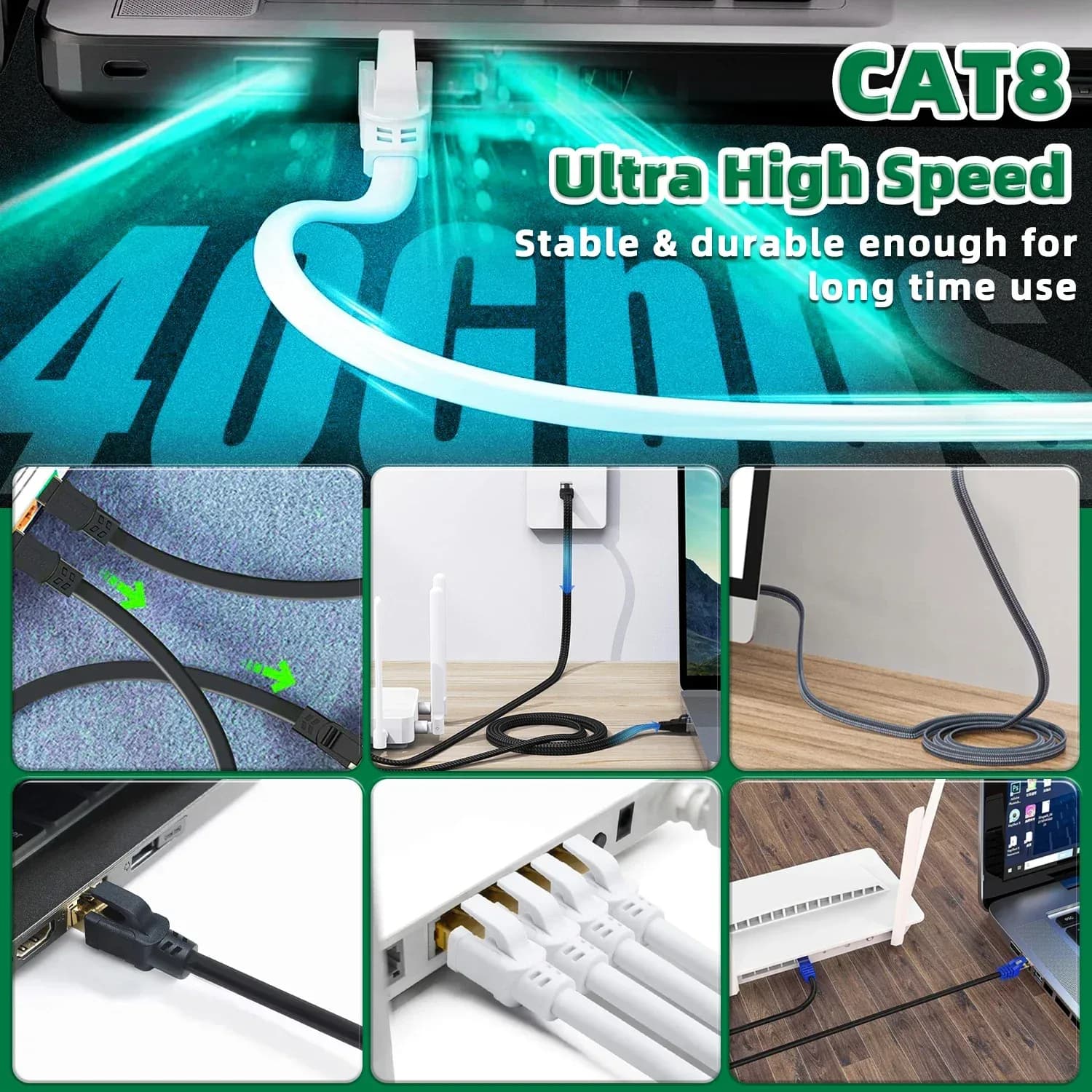Câble Ethernet Cat8 Plat Haute Vitesse 40 Gbps - RJ45, Blanc - Image 5