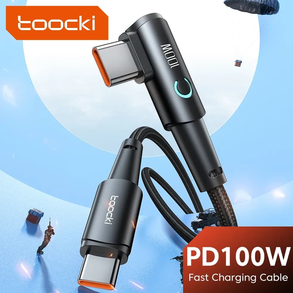Câble USB-C vers USB-C Toocki 100W PD - Charge Rapide - Connecteur coudé à 90°