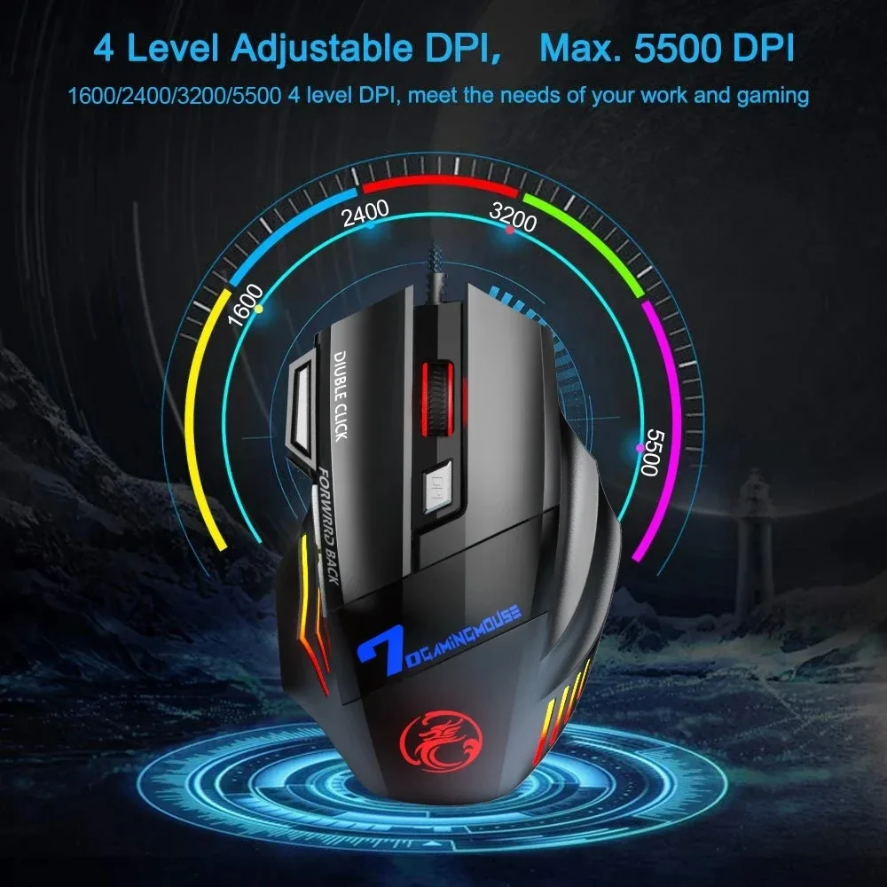Souris de jeu filaire ergonomique RVB à 7 boutons silencieux - Image 2