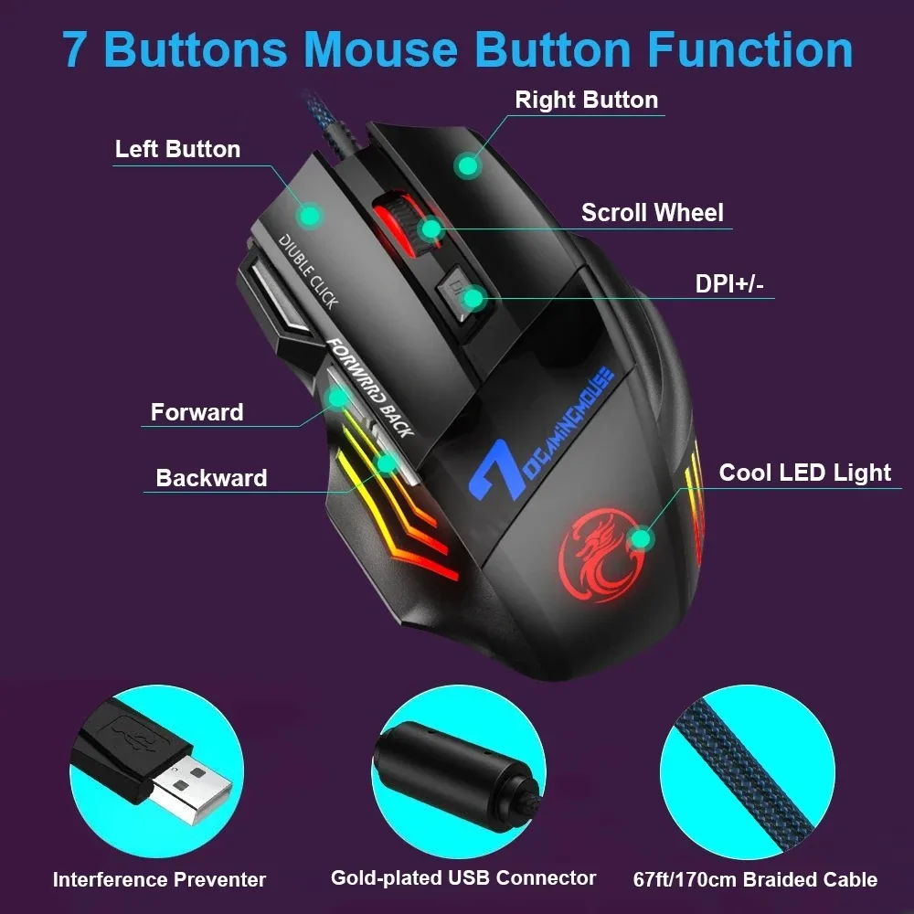 Souris de jeu filaire ergonomique RVB à 7 boutons silencieux - Image 6