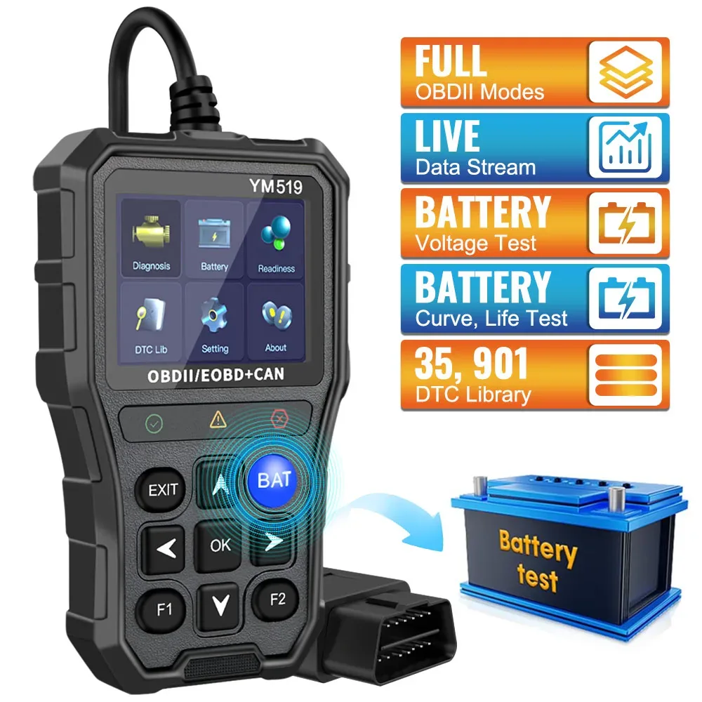 Outil de diagnostic automobile OBD2 YM519 avec testeur de batterie - Image 1
