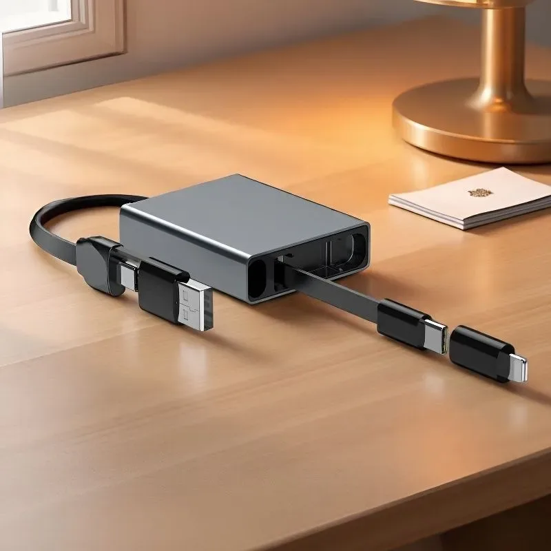 Câble USB-C rétractable 4-en-1, Charge Rapide PD 60W pour iPhone et Ordinateur Portable - Image 1