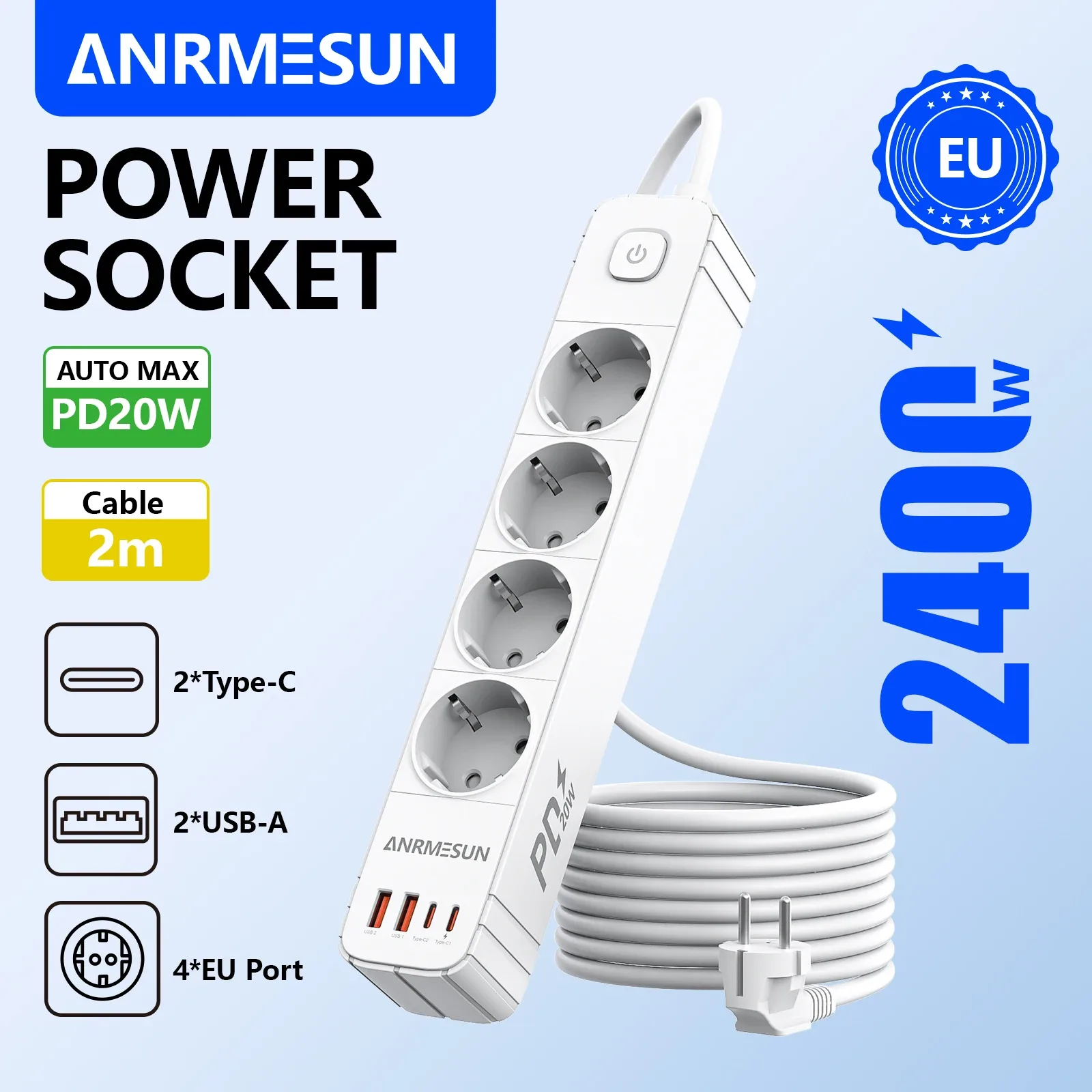 ANRMESUN Multiprise Parasurtenseur avec 4 Prises Secteur et 2 Ports USB-C, Câble 2m - Image 1
