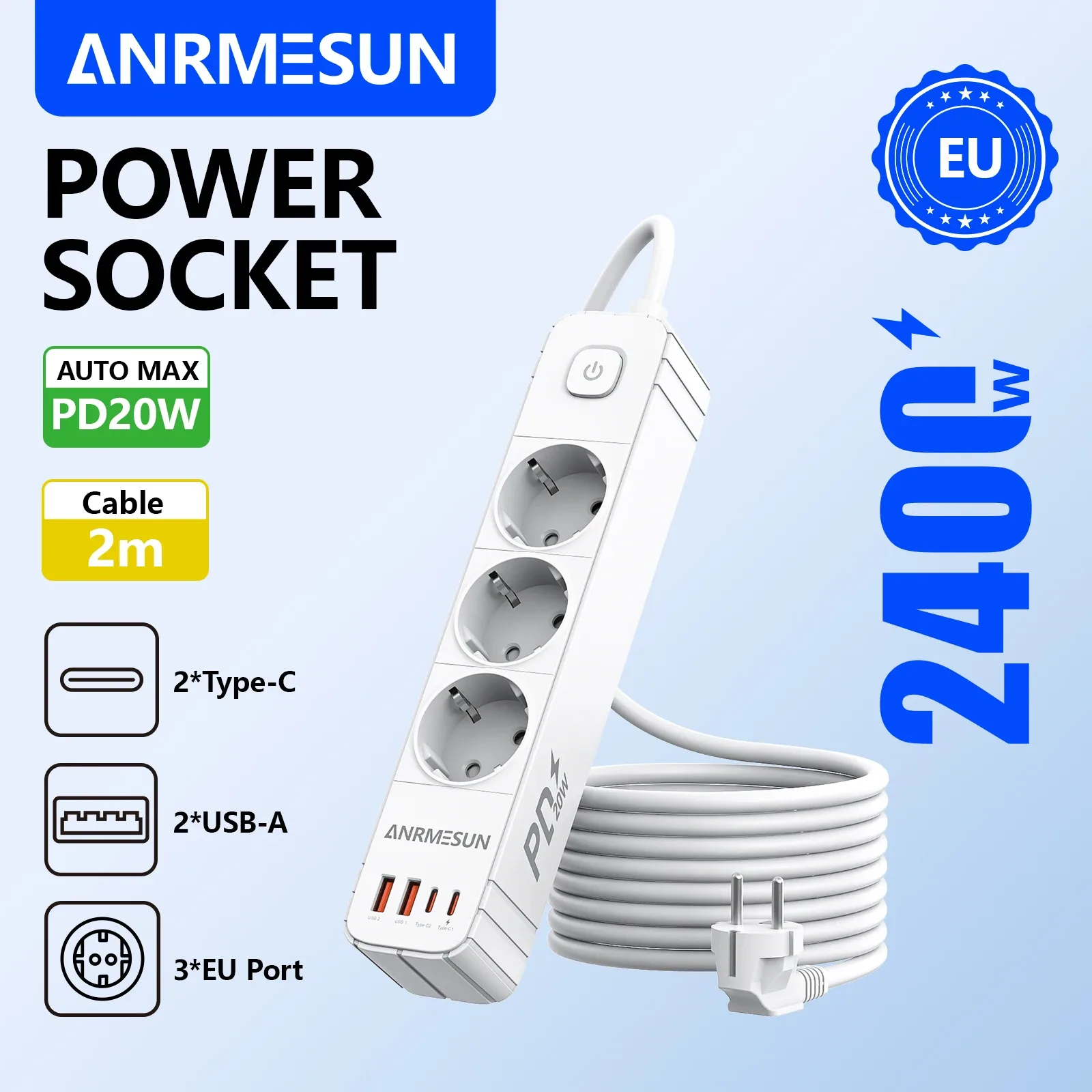 ANRMESUN Multiprise Parasurtenseur avec 4 Prises Secteur et 2 Ports USB-C, Câble 2m slide 10