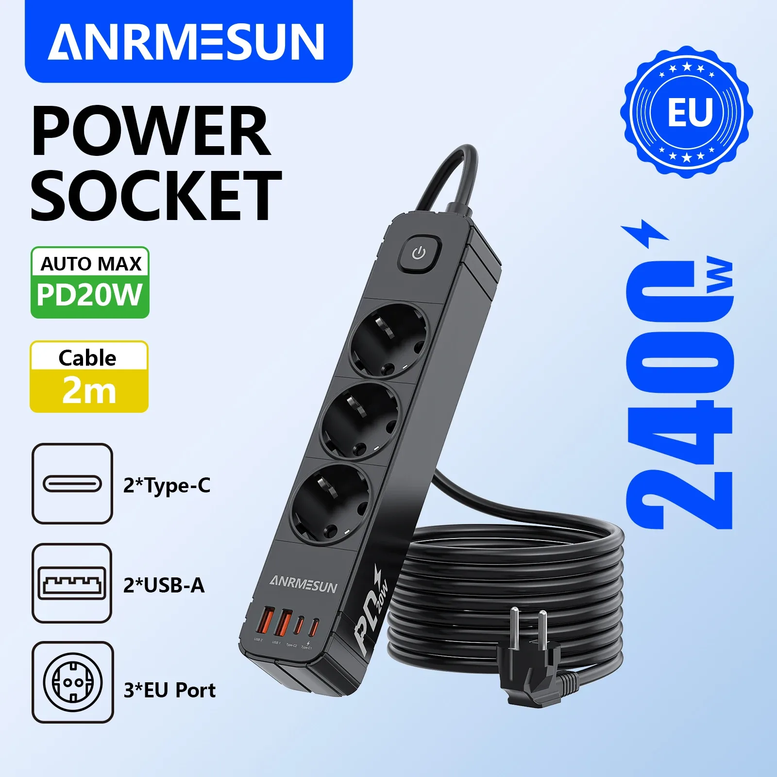 ANRMESUN Multiprise Parasurtenseur avec 4 Prises Secteur et 2 Ports USB-C, Câble 2m slide 12
