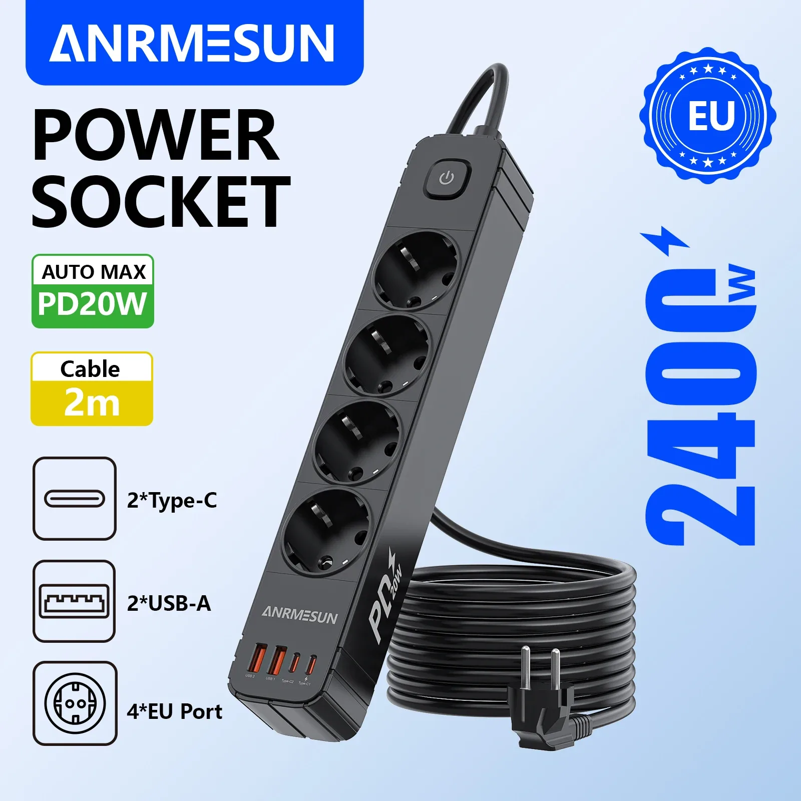 ANRMESUN Multiprise Parasurtenseur avec 4 Prises Secteur et 2 Ports USB-C, Câble 2m slide 11