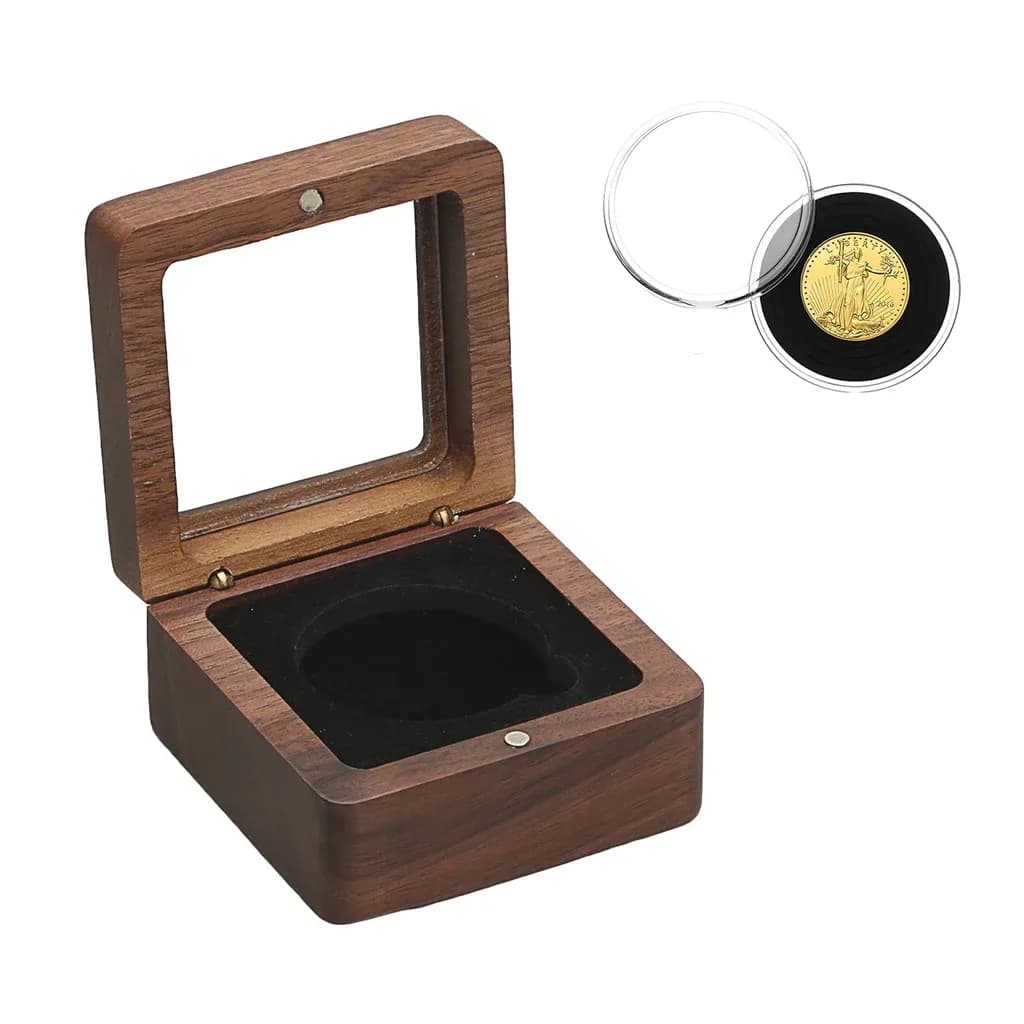 Écrin de présentation en bois pour pièce de collection (30/35/40 mm) avec capsule et intérieur en velours slide 4