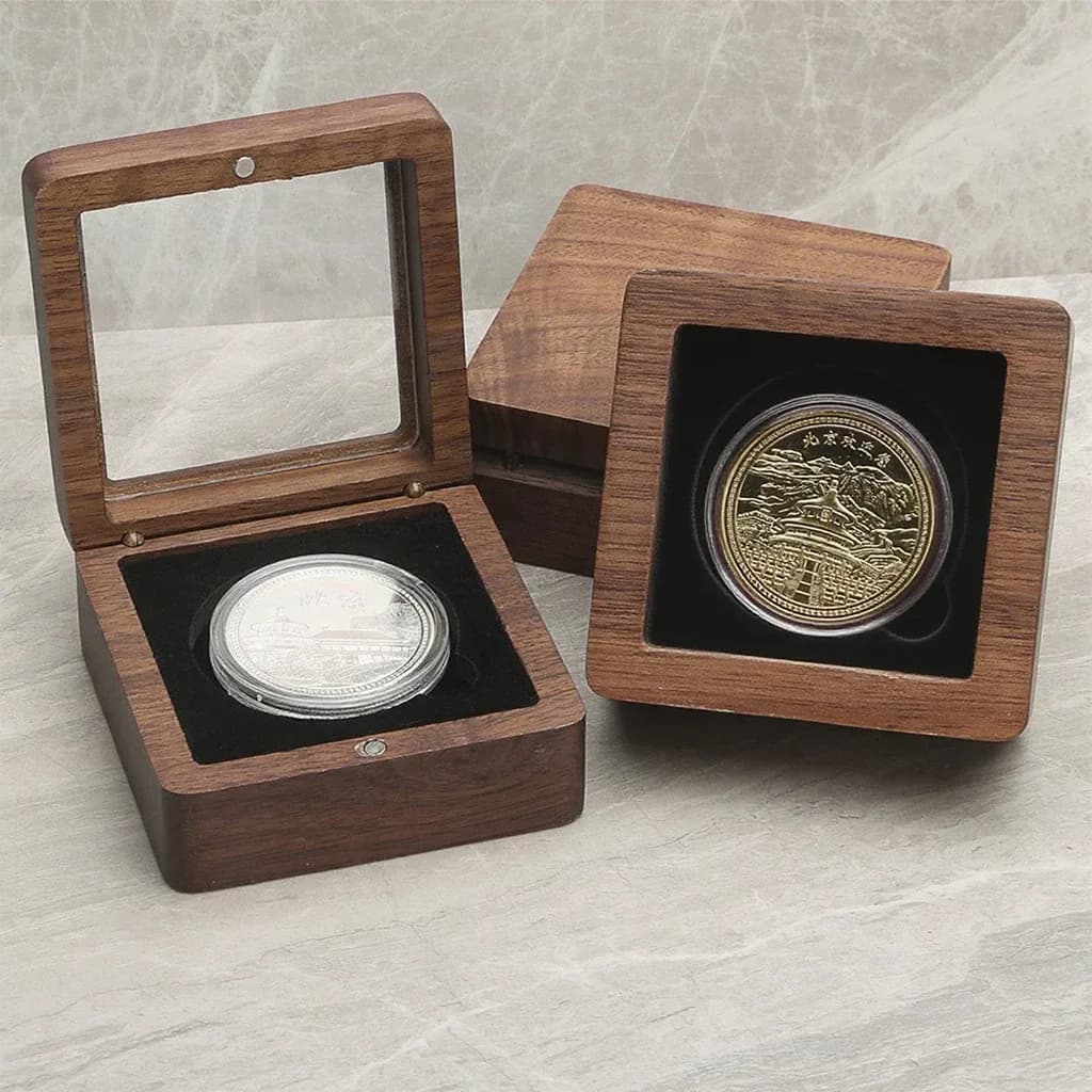 Écrin de présentation en bois pour pièce de collection (30/35/40 mm) avec capsule et intérieur en velours slide 5
