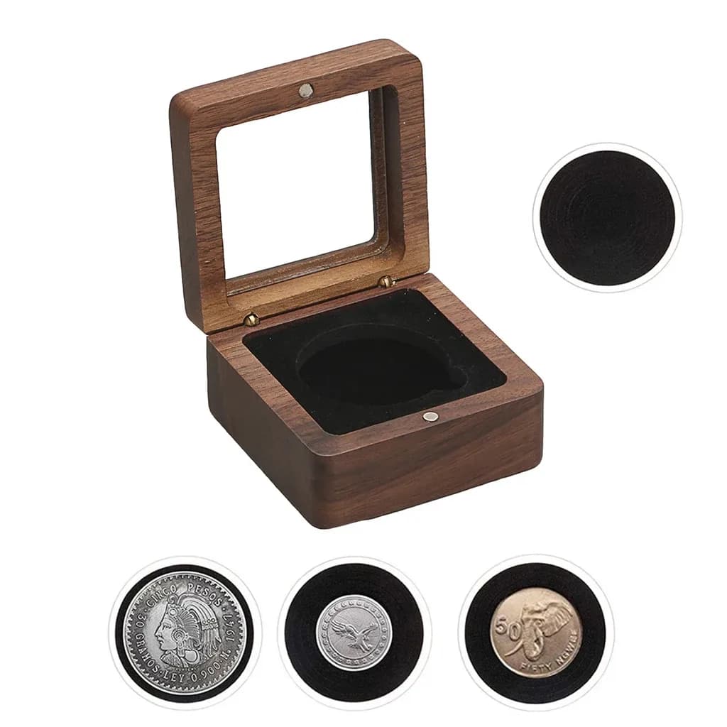 Écrin de présentation en bois pour pièce de collection (30/35/40 mm) avec capsule et intérieur en velours