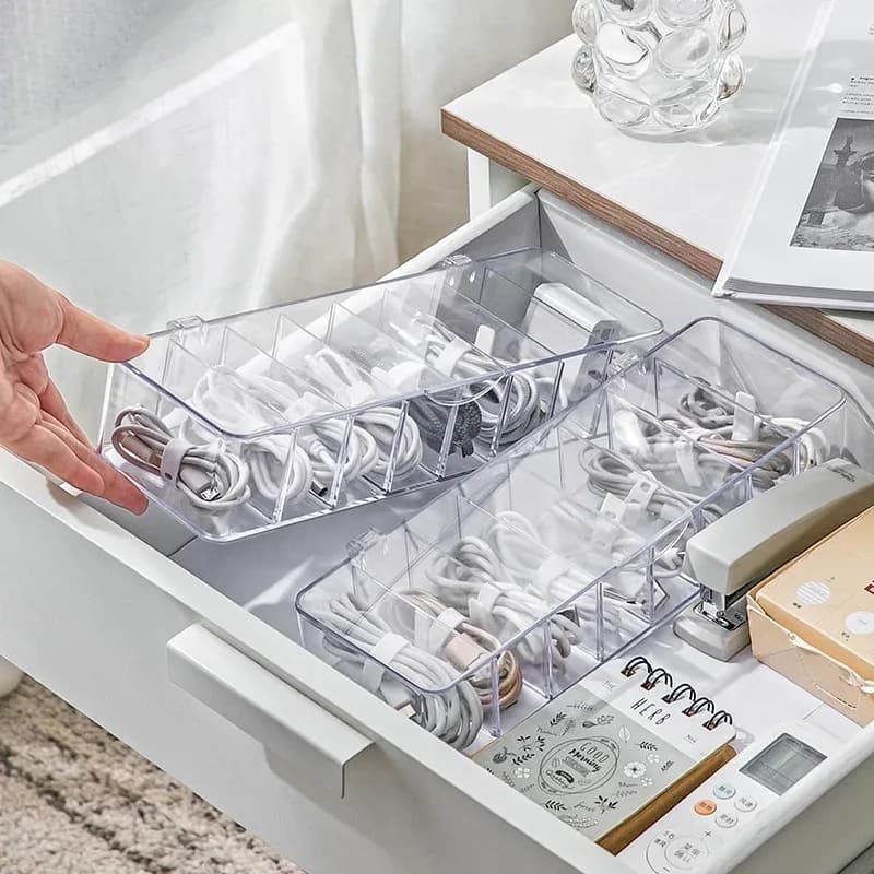 Boîte de rangement transparente pour câbles et accessoires de bureau slide 2