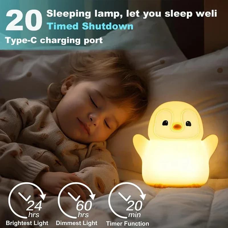 Veilleuse pingouin en silicone souple, rechargeable USB avec intensité réglable et minuterie - Image 5
