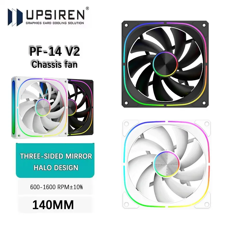 UPSIREN PF-14 V2 Ventilateur de Boîtier 140mm ARGB, 600-1600 tr/min, Roulement Hydraulique, PWM 4 Broches, ARGB 3 Broches 5V, 9 Pales, Effet Prisme Halo