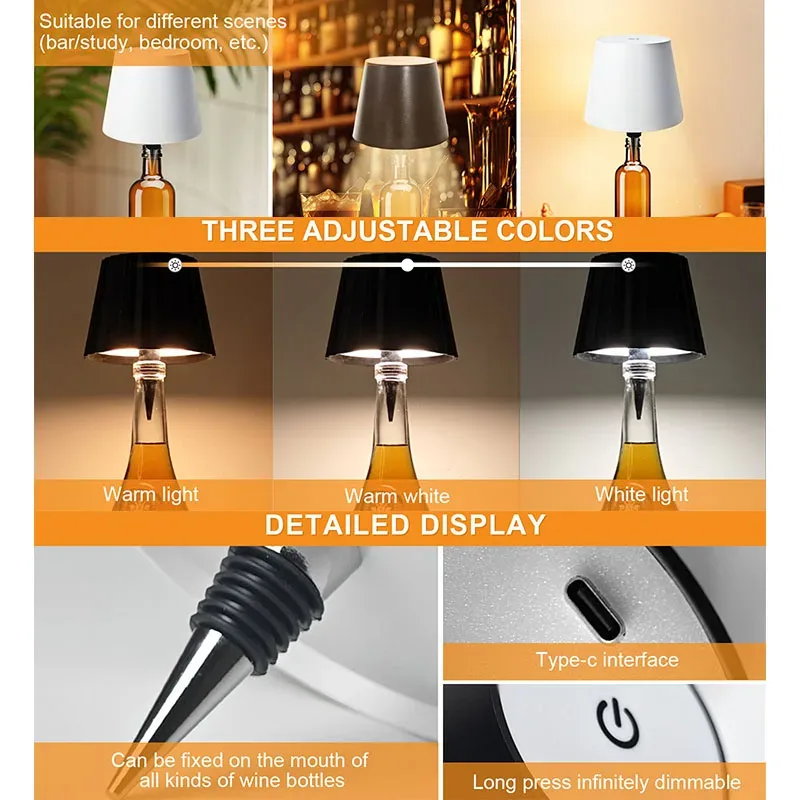 Lampe de table sans fil en forme de bouteille avec commande tactile et intensité variable - Image 3