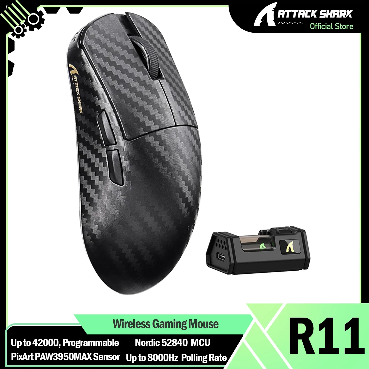 ATTACK SHARK R11 ULTRA - Souris Gaming Sans Fil en Fibre de Carbone, 49g, 8000Hz, 42000 DPI, PAW3950MAX, Puce Nordic 52840 - Image 1