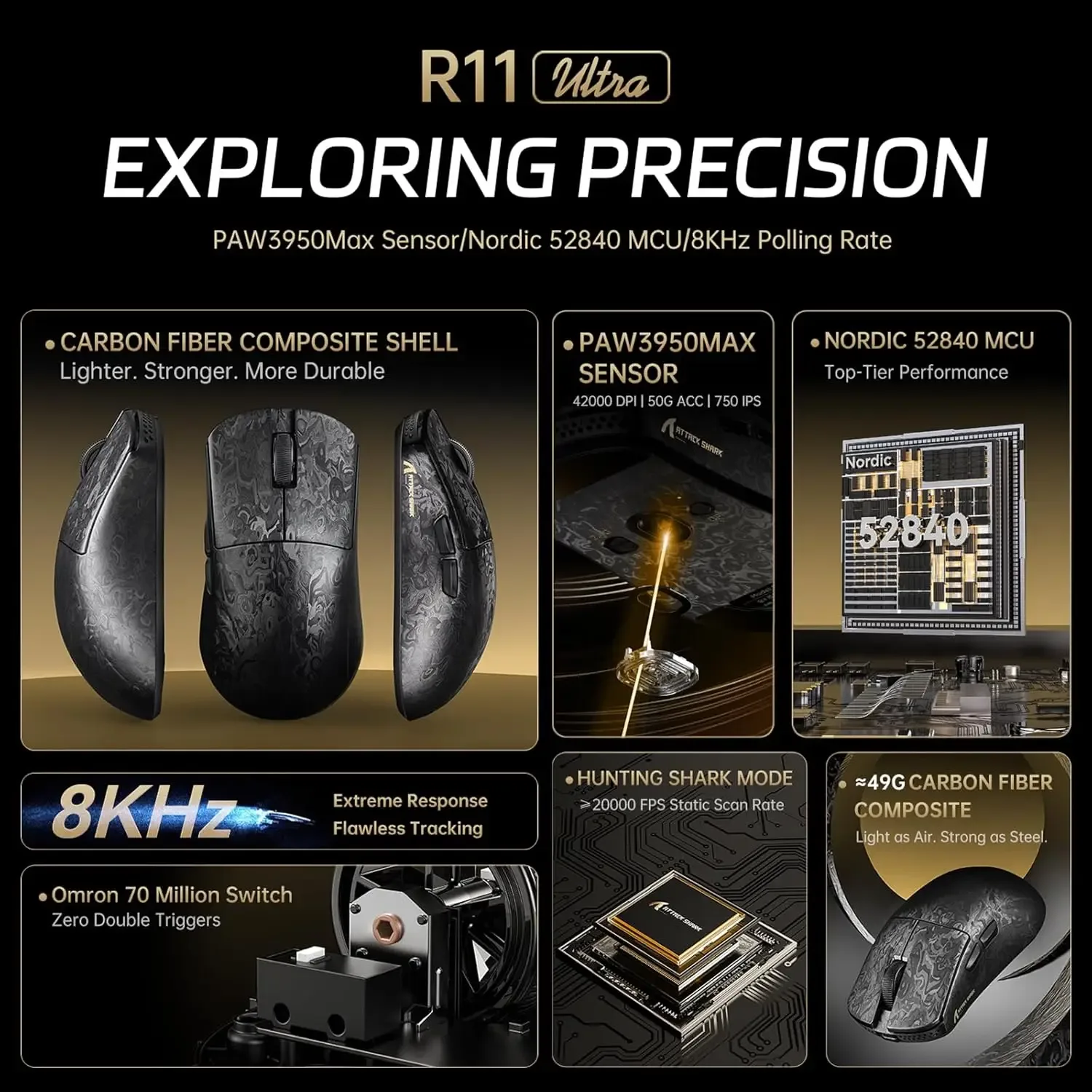 ATTACK SHARK R11 ULTRA - Souris Gaming Sans Fil en Fibre de Carbone, 49g, 8000Hz, 42000 DPI, PAW3950MAX, Puce Nordic 52840 - Image 2