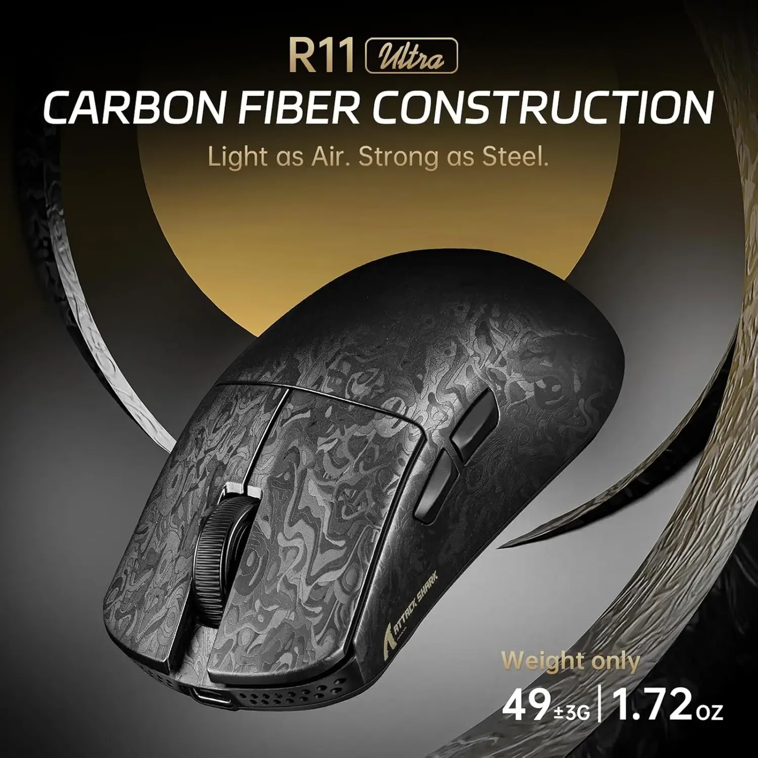 ATTACK SHARK R11 ULTRA - Souris Gaming Sans Fil en Fibre de Carbone, 49g, 8000Hz, 42000 DPI, PAW3950MAX, Puce Nordic 52840 - Image 3