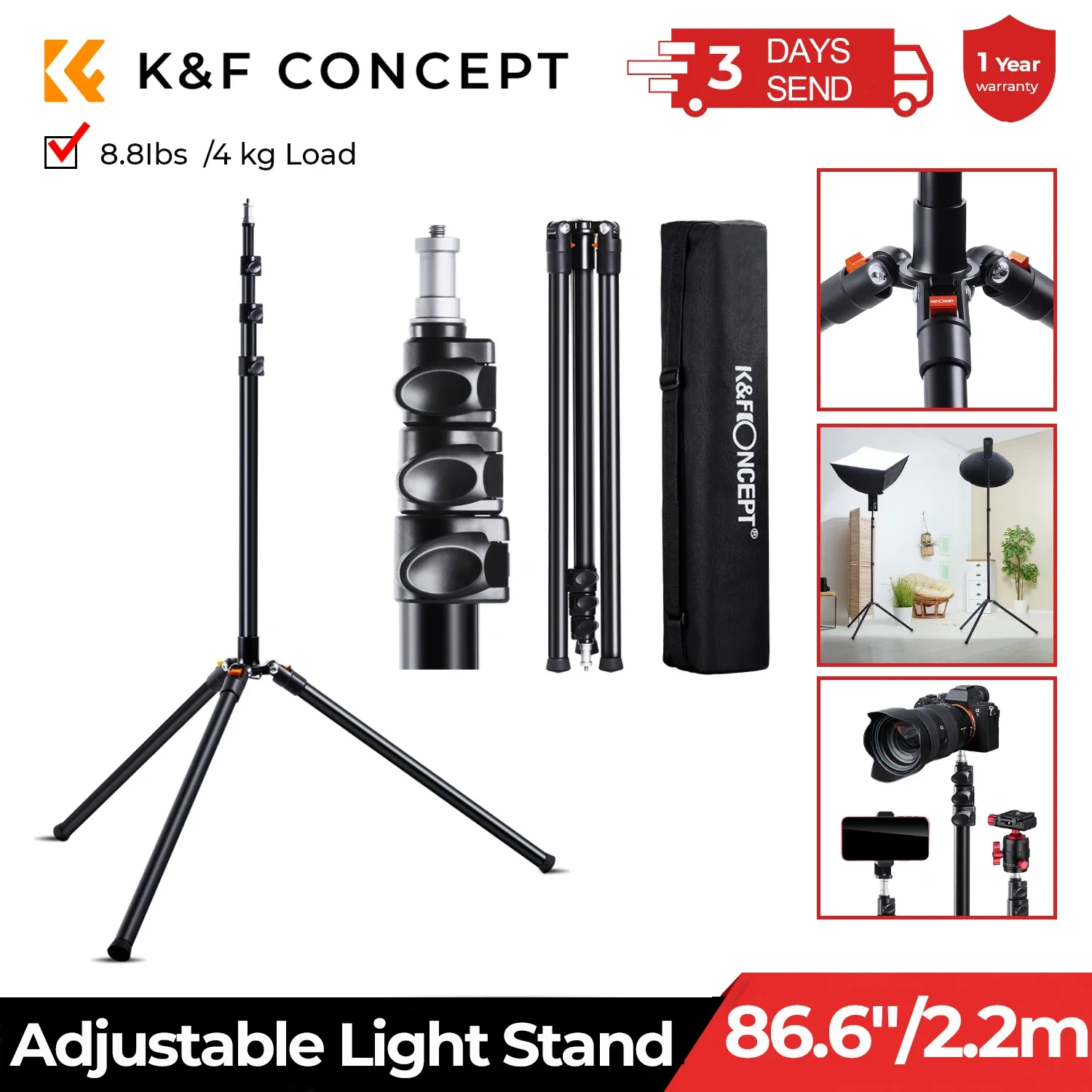 Support d'éclairage en aluminium K&F Concept 2,3 m pour boîtes à lumière, parapluies et fonds