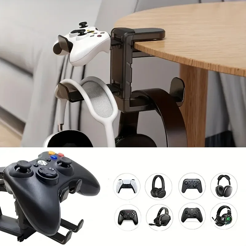 Support de casque 3-en-1 sous le bureau avec porte-manette, pince réglable et crochet rotatif - Image 3